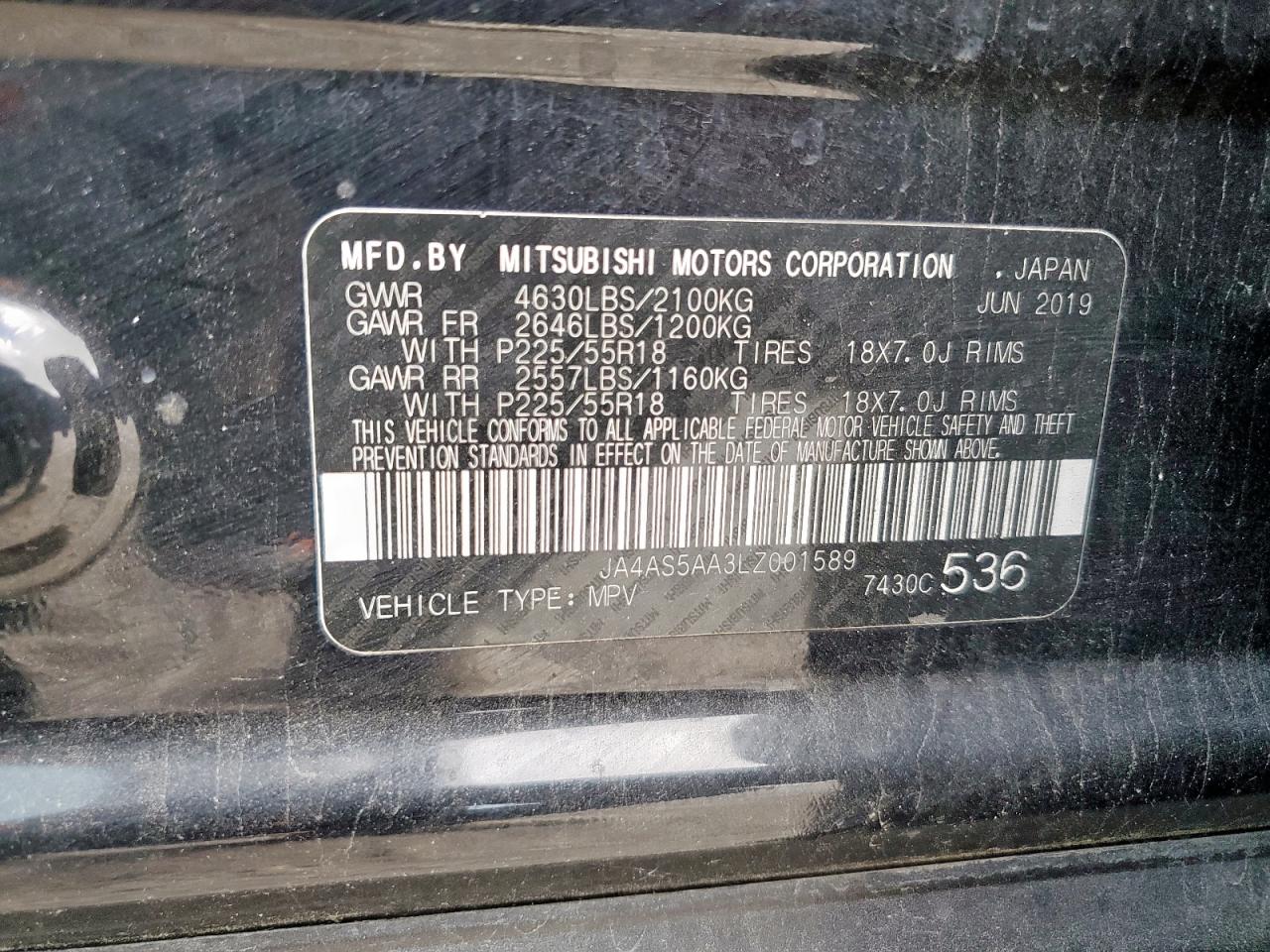 2020 Mitsubishi Eclipse Cross VIN: JA4AS5AA3LZ001589 Lot: 61912645