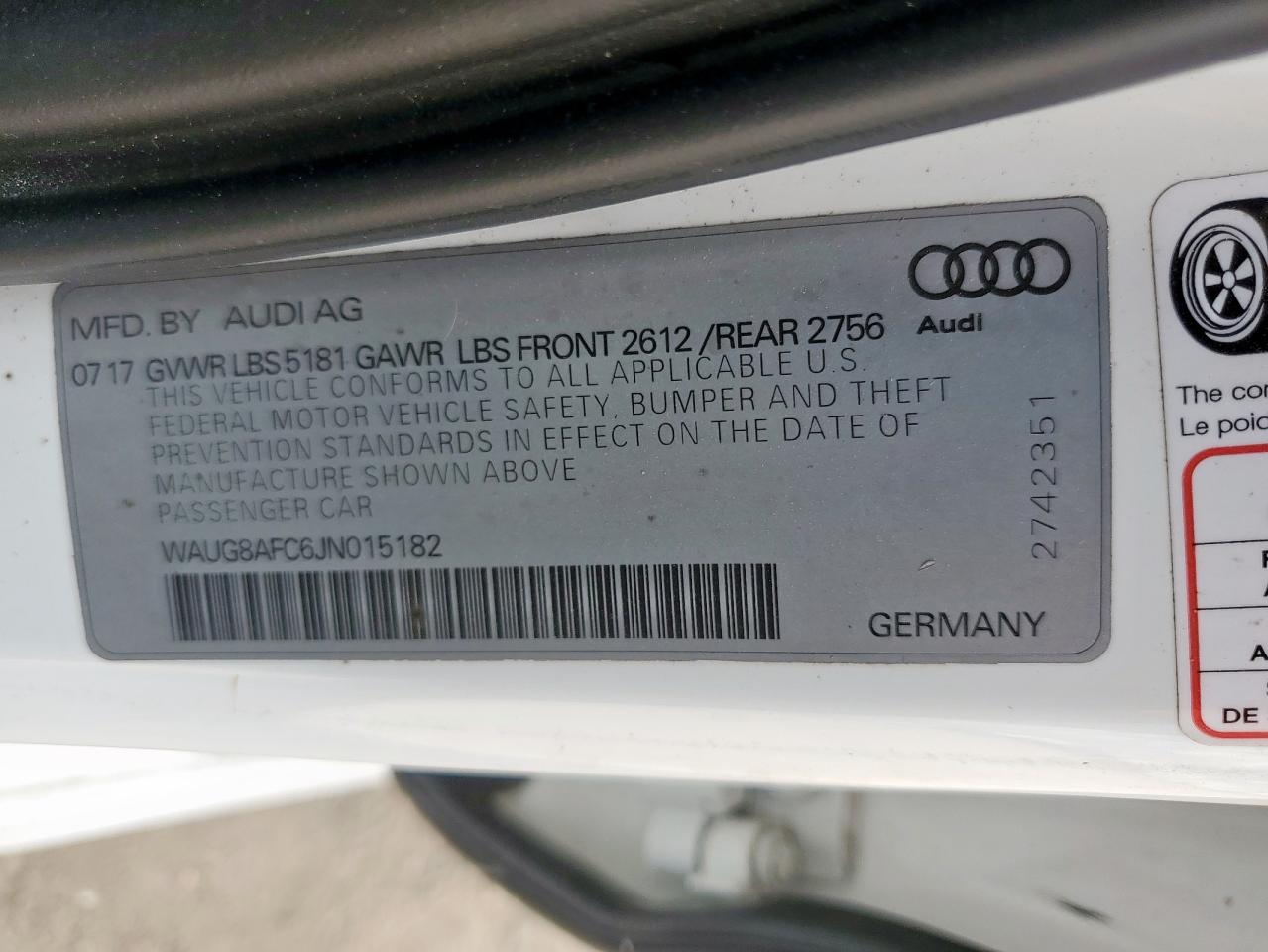 2018 Audi A6 Premium Plus VIN: WAUG8AFC6JN015182 Lot: 62075175