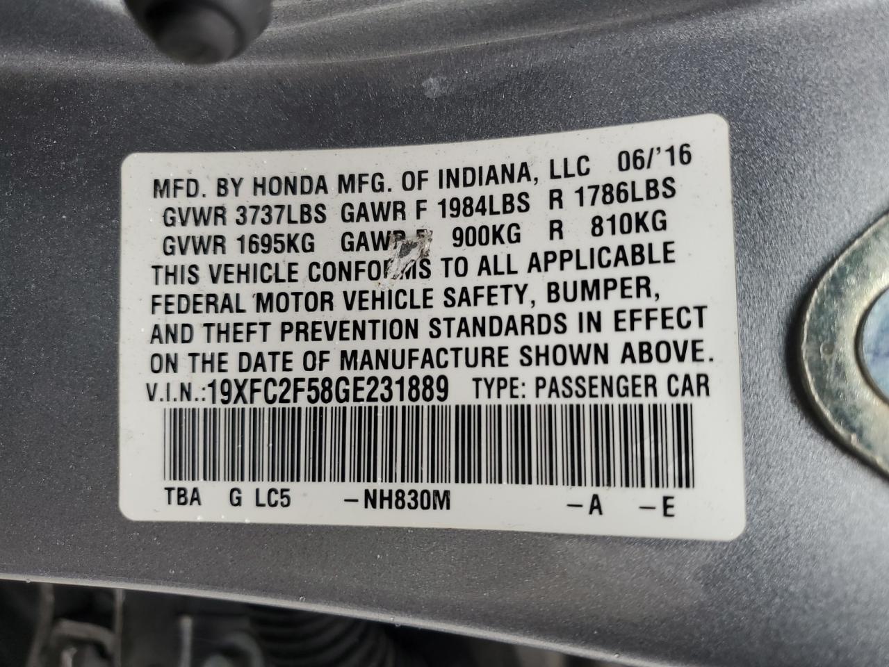 2016 Honda Civic Lx VIN: 19XFC2F58GE231889 Lot: 59487775
