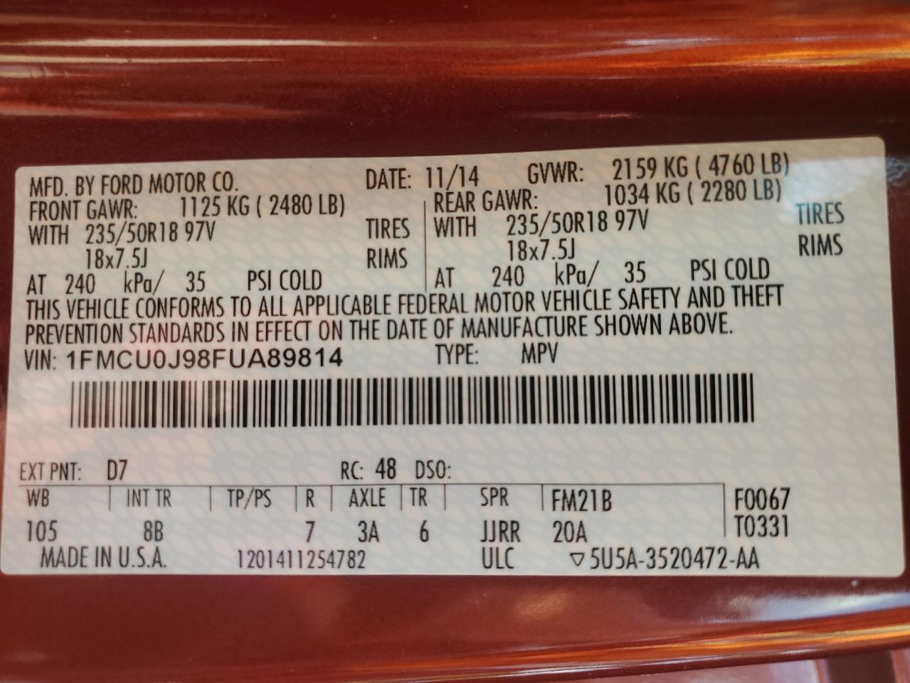 2015 Ford Escape Titanium VIN: 1FMCU0J98FUA89814 Lot: 62896715