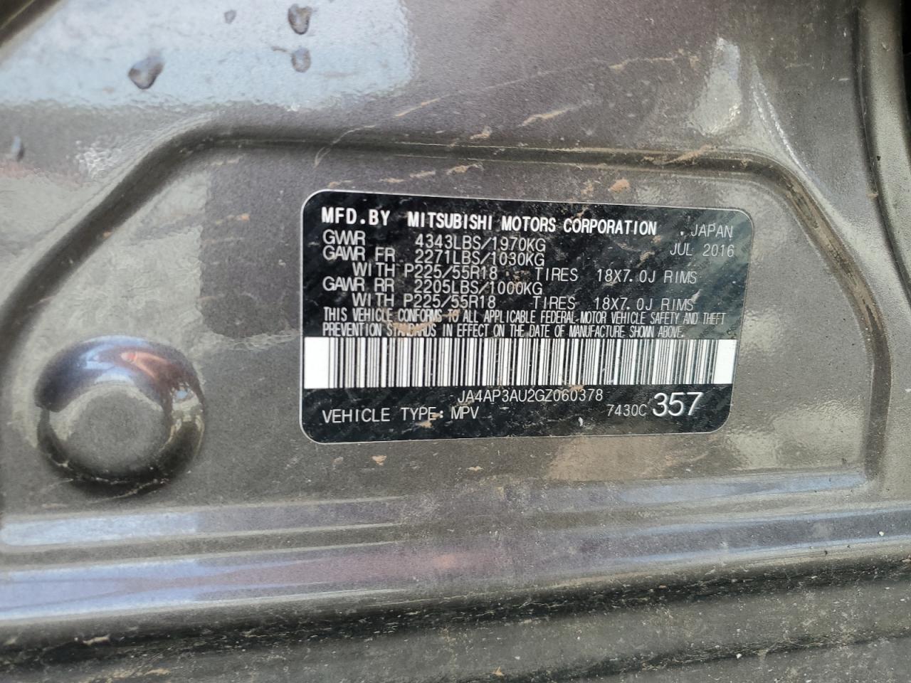 2016 Mitsubishi Outlander Sport Es VIN: JA4AP3AU2GZ060378 Lot: 60118895