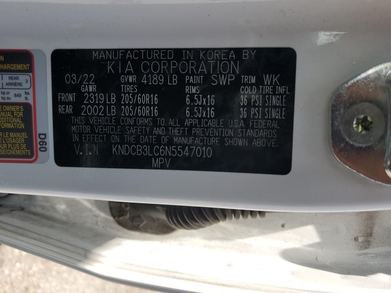 2022 Kia Niro Lx VIN: KNDCB3LC6N5547010 Lot: 60156845