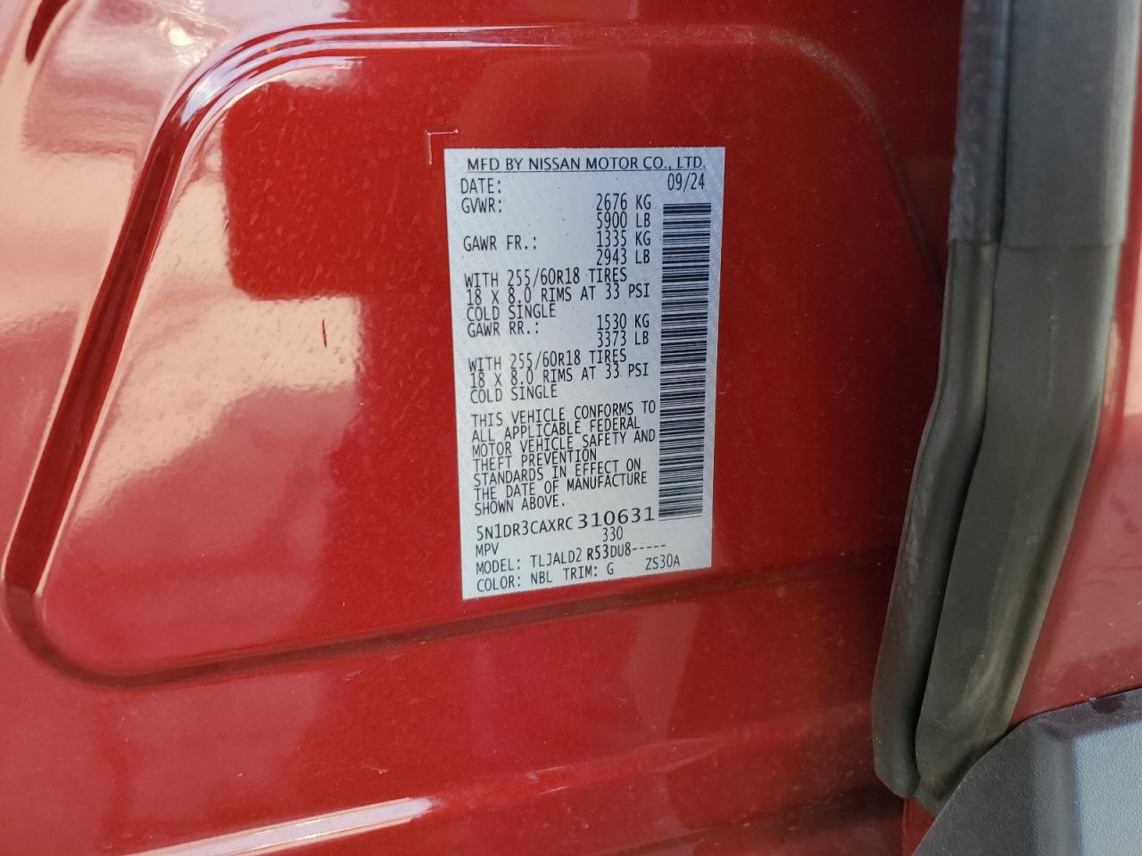 2024 Nissan Pathfinder Sl VIN: 5N1DR3CAXRC310631 Lot: 62862655