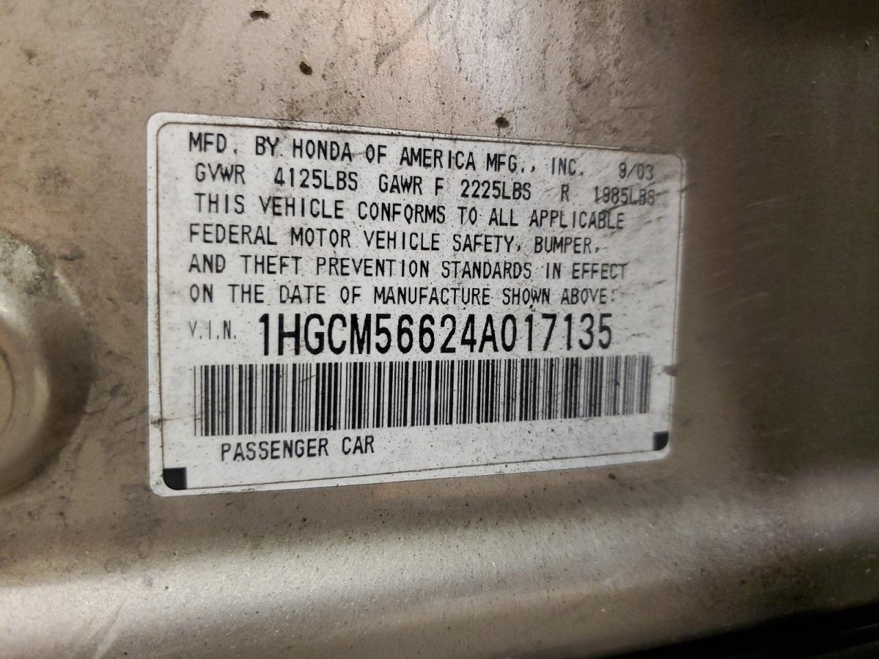 2004 Honda Accord Ex VIN: 1HGCM56624A017135 Lot: 61813325