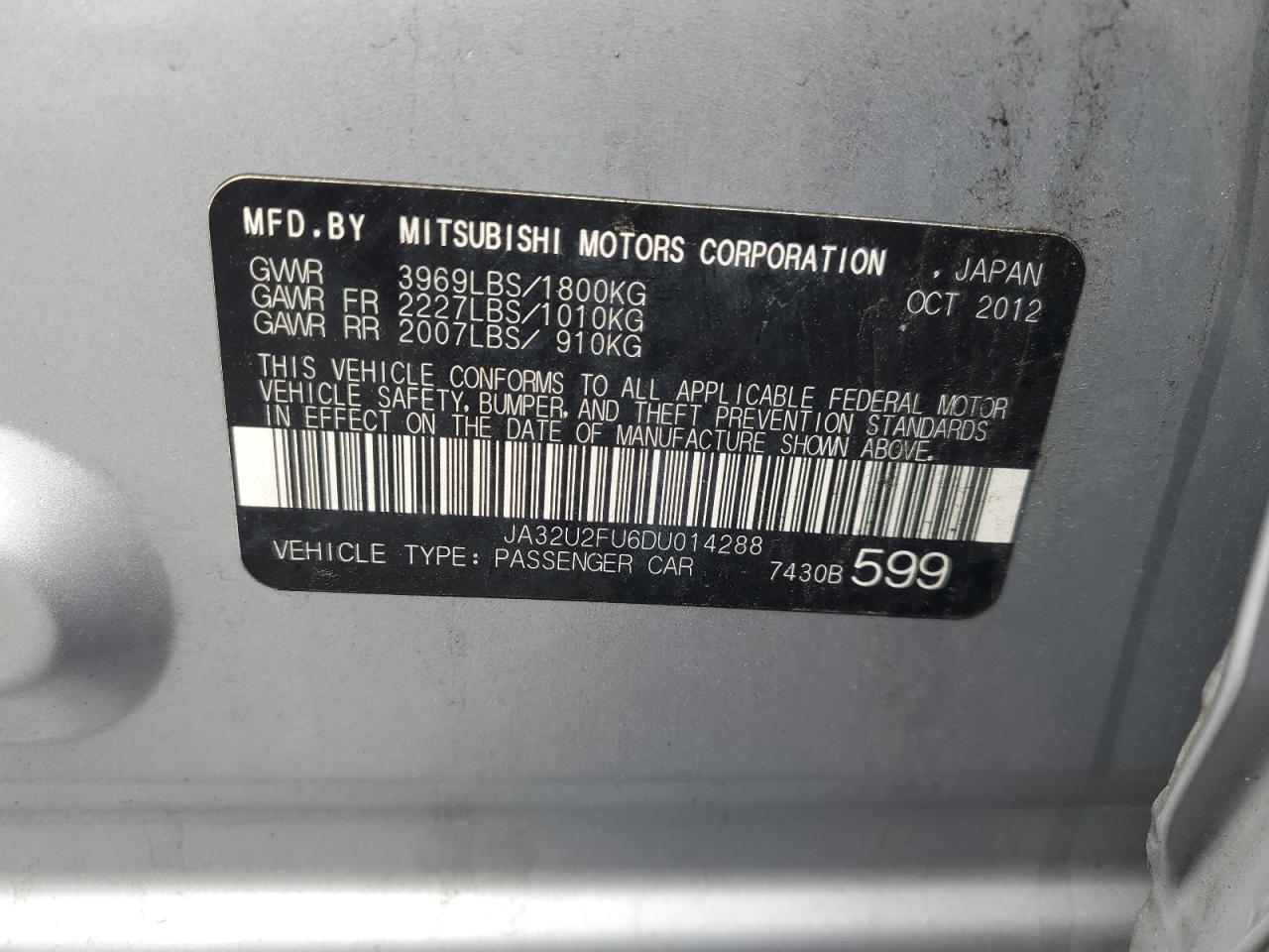 2013 Mitsubishi Lancer Es/Es Sport VIN: JA32U2FU6DU014288 Lot: 62451655