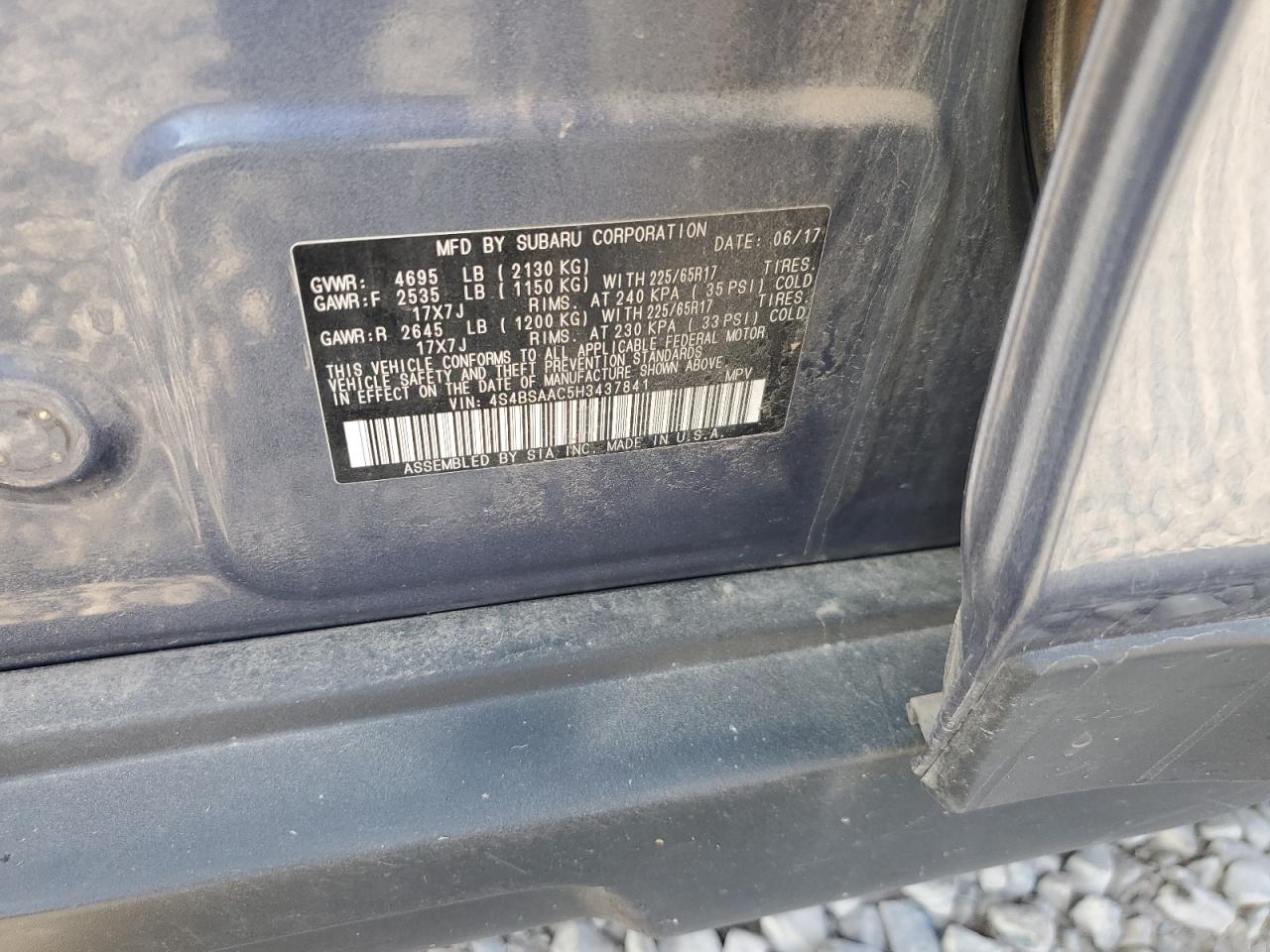 2017 Subaru Outback 2.5I VIN: 4S4BSAAC5H3437841 Lot: 62149865