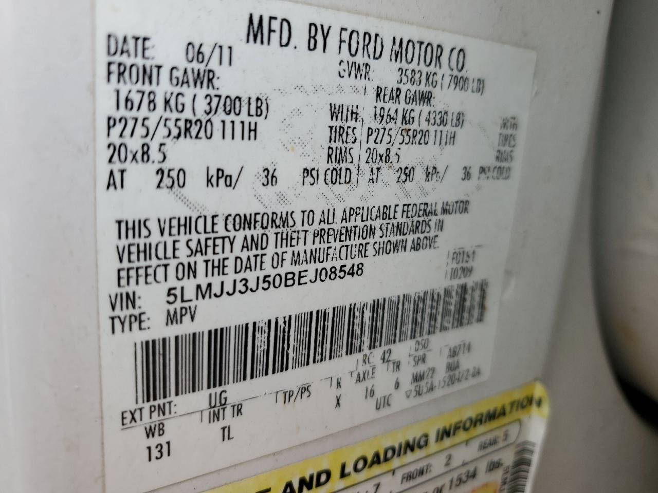 2011 Lincoln Navigator L VIN: 5LMJJ3J50BEJ08548 Lot: 61349845