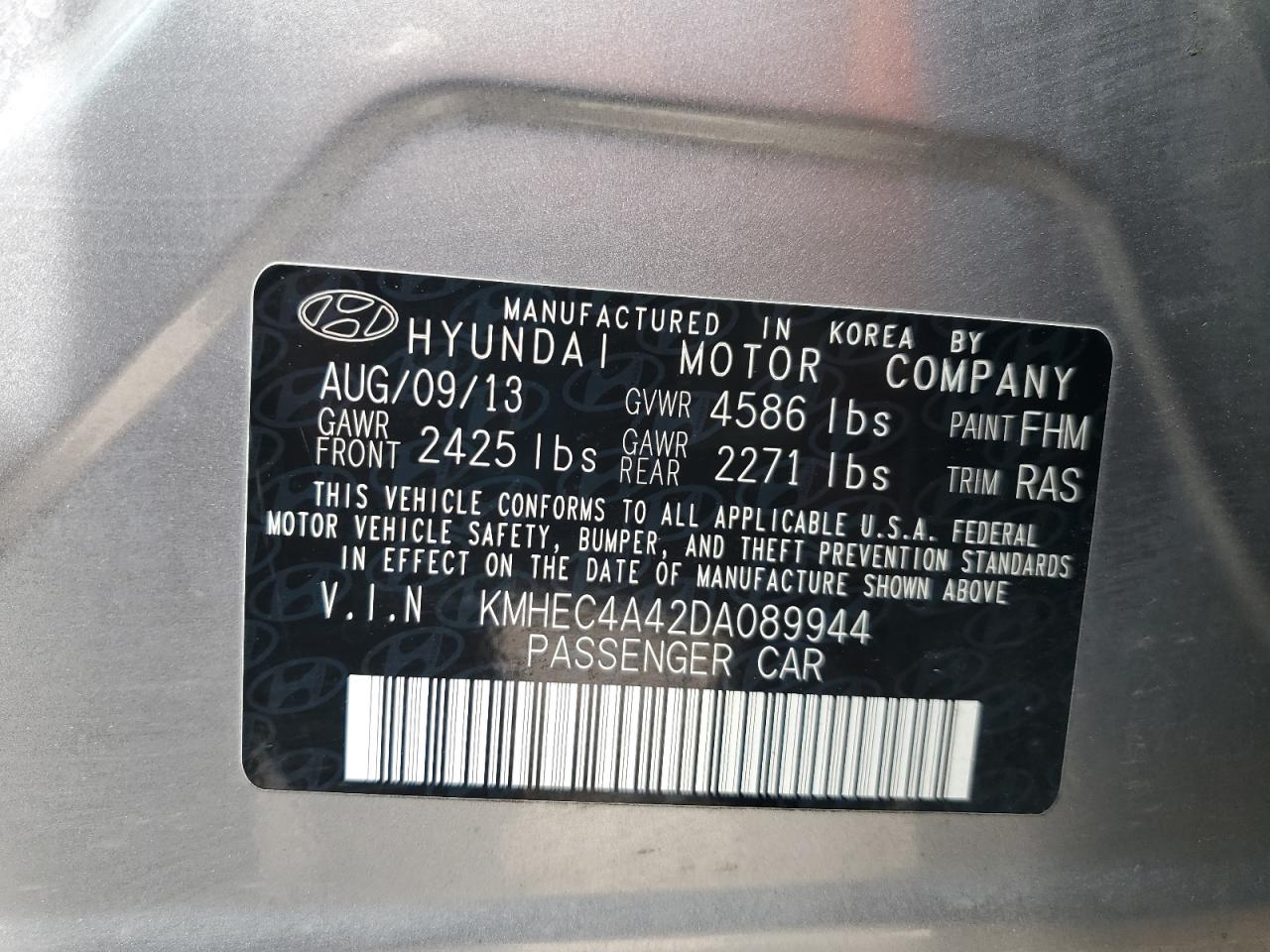2013 Hyundai Sonata Hybrid VIN: KMHEC4A42DA089944 Lot: 62382645