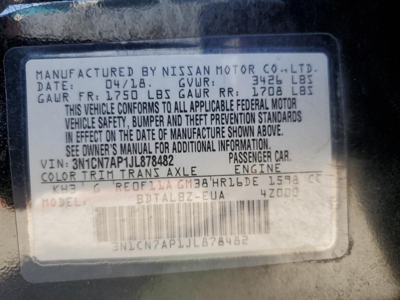 NISSAN VERSA 2018 VIN 3N1CN7AP1JL878482 zdjęcie 12