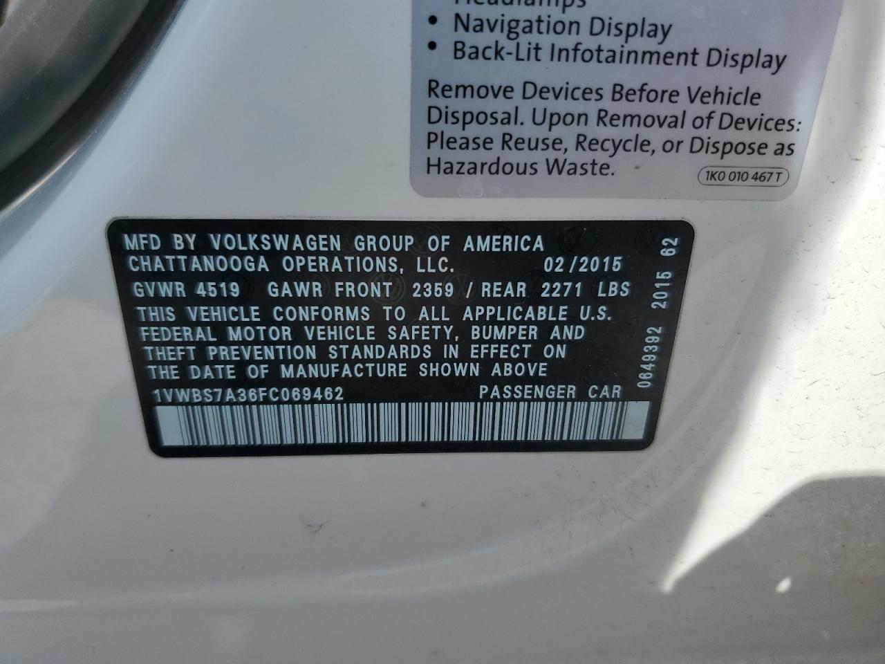 2015 Volkswagen Passat Se VIN: 1VWBS7A36FC069462 Lot: 62787865