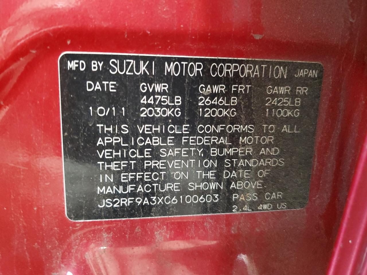 2012 Suzuki Kizashi Se VIN: JS2RF9A3XC6100603 Lot: 62705995