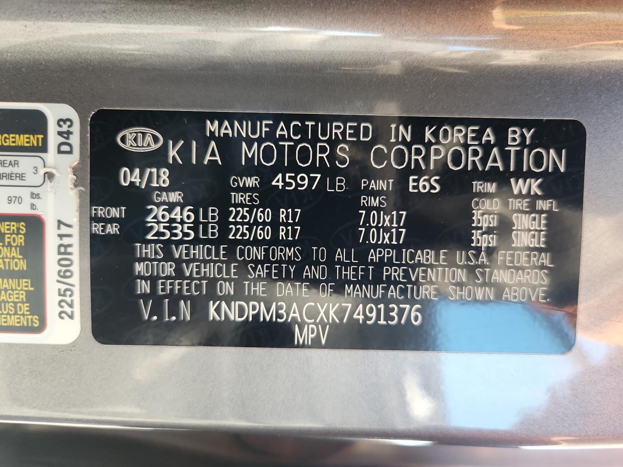 2019 Kia Sportage Lx VIN: KNDPM3ACXK7491376 Lot: 62757705