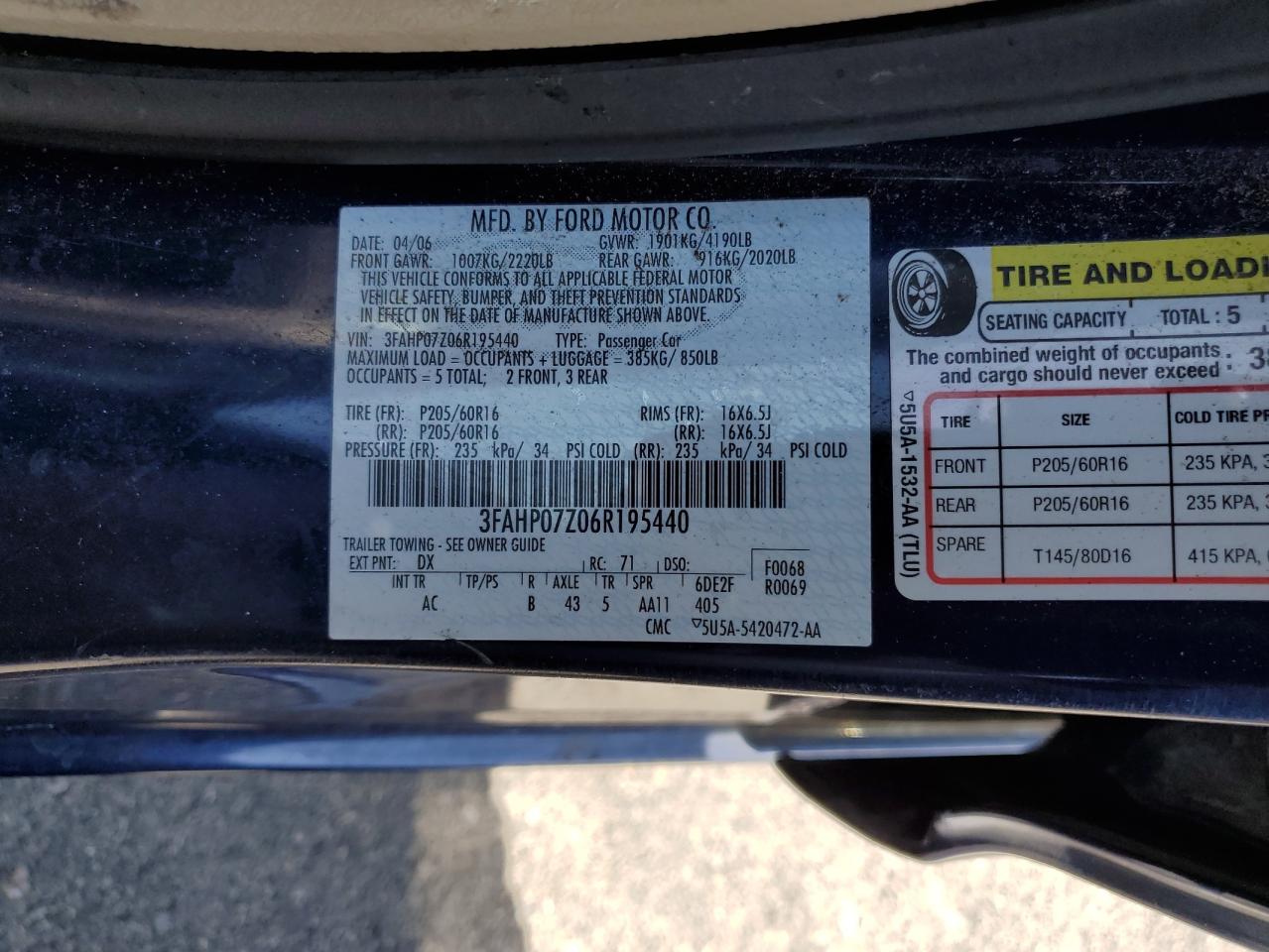 FORD FUSION 2006 VIN 3FAHP07Z06R195440 фото 12
