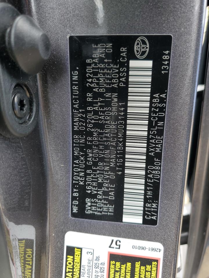 2021 Toyota Camry Se VIN: 4T1G11BK4MU031441 Lot: 61552095
