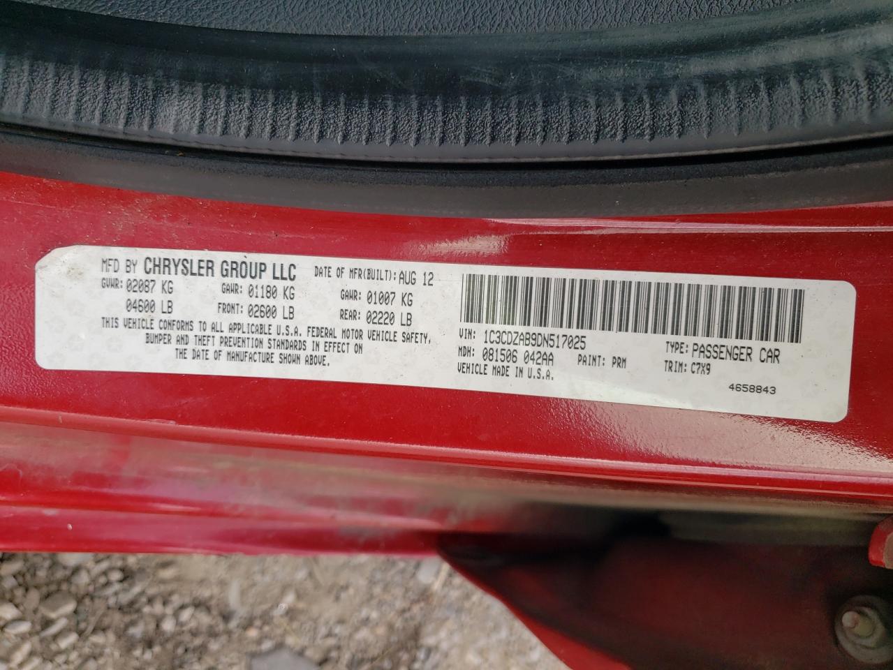 2013 Dodge Avenger Se VIN: 1C3CDZAB9DN517025 Lot: 62944595
