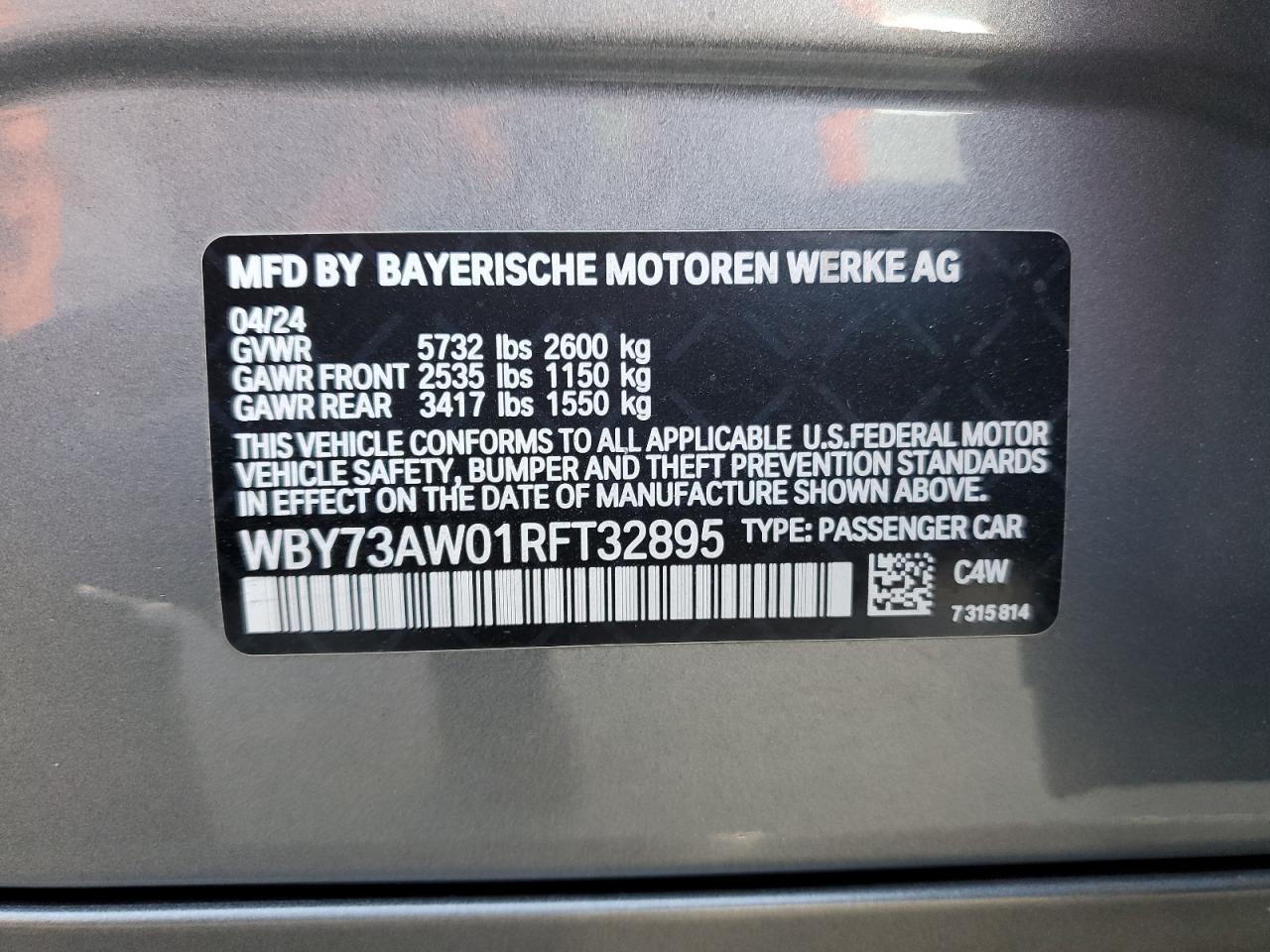 2024 BMW I4 Edrive 40 VIN: WBY73AW01RFT32895 Lot: 61862405