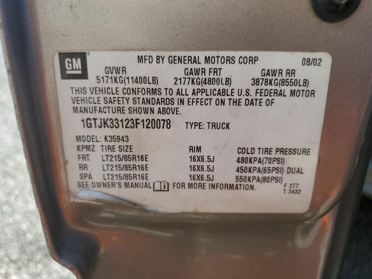 2003 GMC New Sierra K3500 VIN: 1GTJK33123F120078 Lot: 60512375