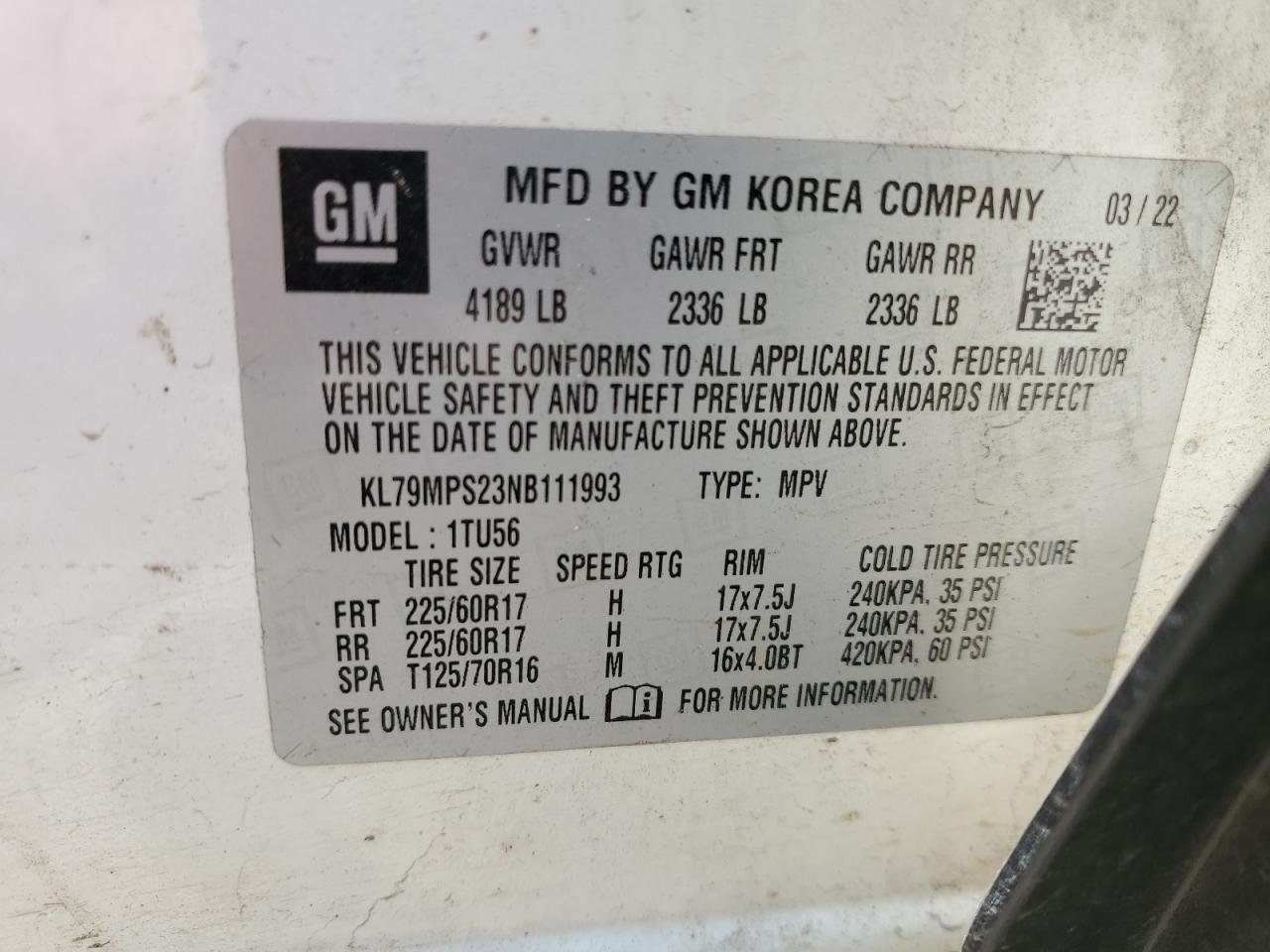 2022 Chevrolet Trailblazer Lt VIN: KL79MPS23NB111993 Lot: 59431465