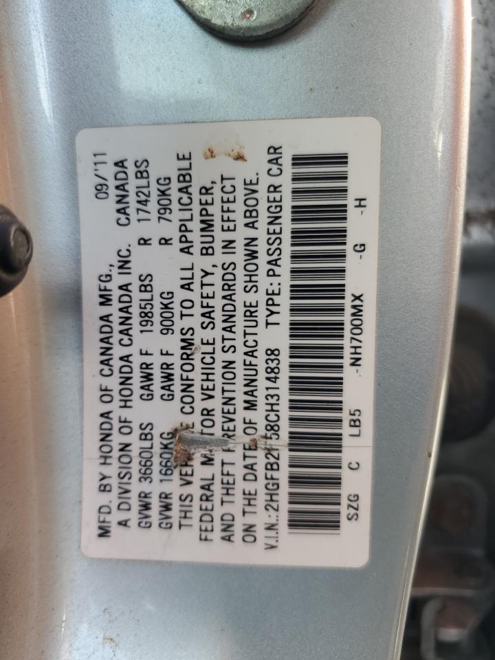 2012 Honda Civic Lx VIN: 2HGFB2F58CH314838 Lot: 62467655