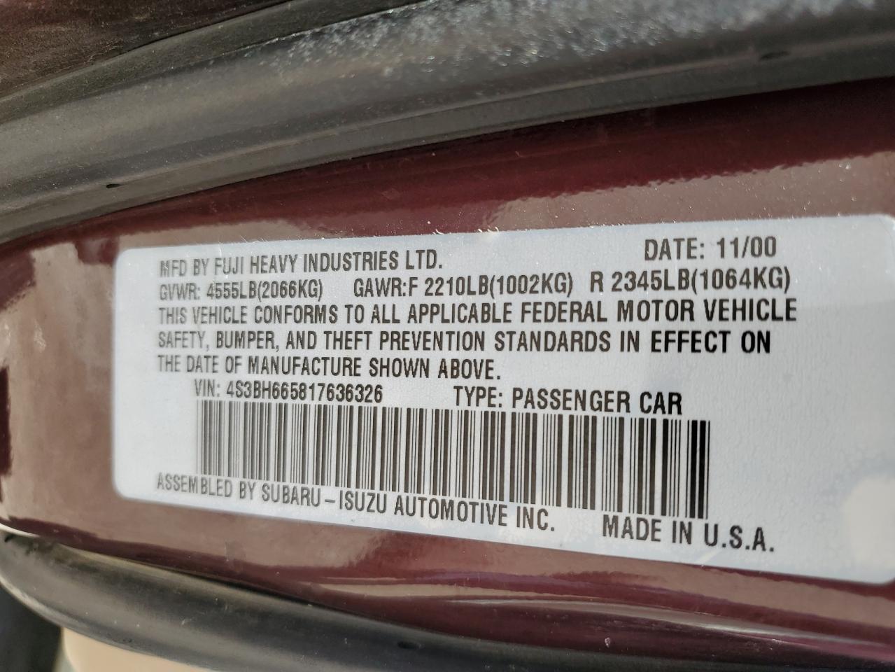 2001 Subaru Legacy Outback VIN: 4S3BH665817636326 Lot: 60692775