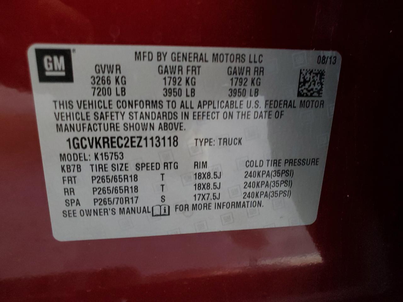 2014 Chevrolet Silverado K1500 Lt VIN: 1GCVKREC2EZ113118 Lot: 58415125
