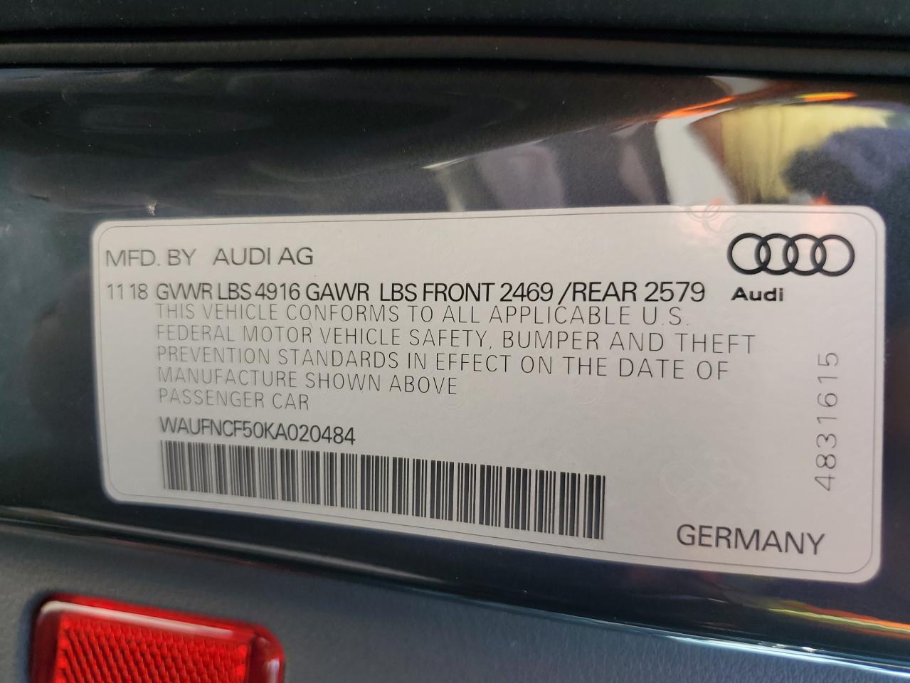 2019 Audi A5 Prestige S-Line VIN: WAUFNCF50KA020484 Lot: 62816745