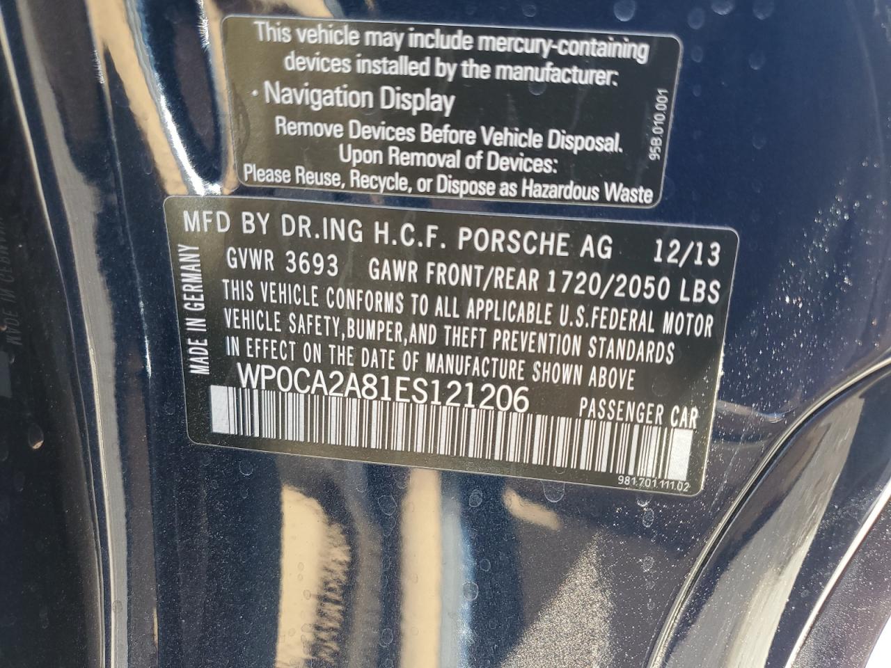 2014 Porsche Boxster VIN: WP0CA2A81ES121206 Lot: 63424495