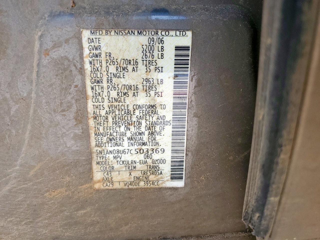 2007 Nissan Xterra Off Road VIN: 5N1AN08U67C503369 Lot: 61172175