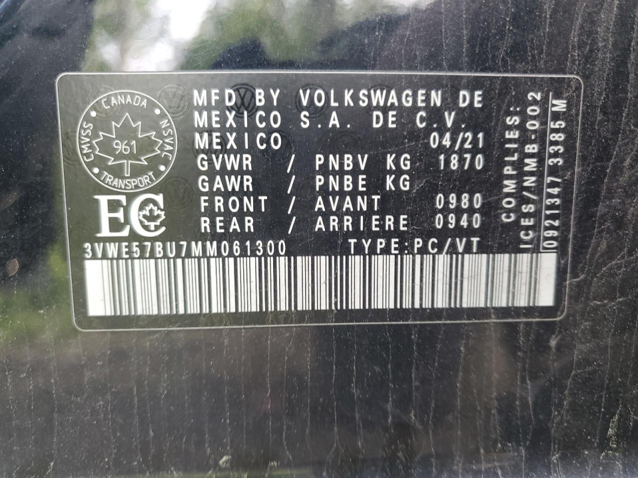 2021 Volkswagen Jetta Sel VIN: 3VWE57BU7MM061300 Lot: 57351125