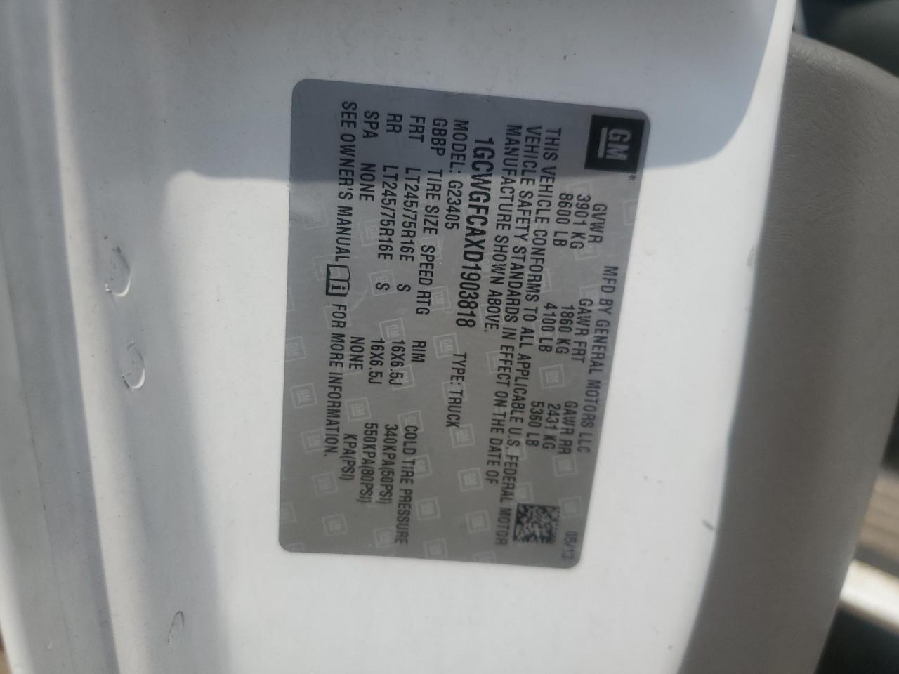 2013 Chevrolet Express G2500 VIN: 1GCWGFCAXD1903818 Lot: 62465735