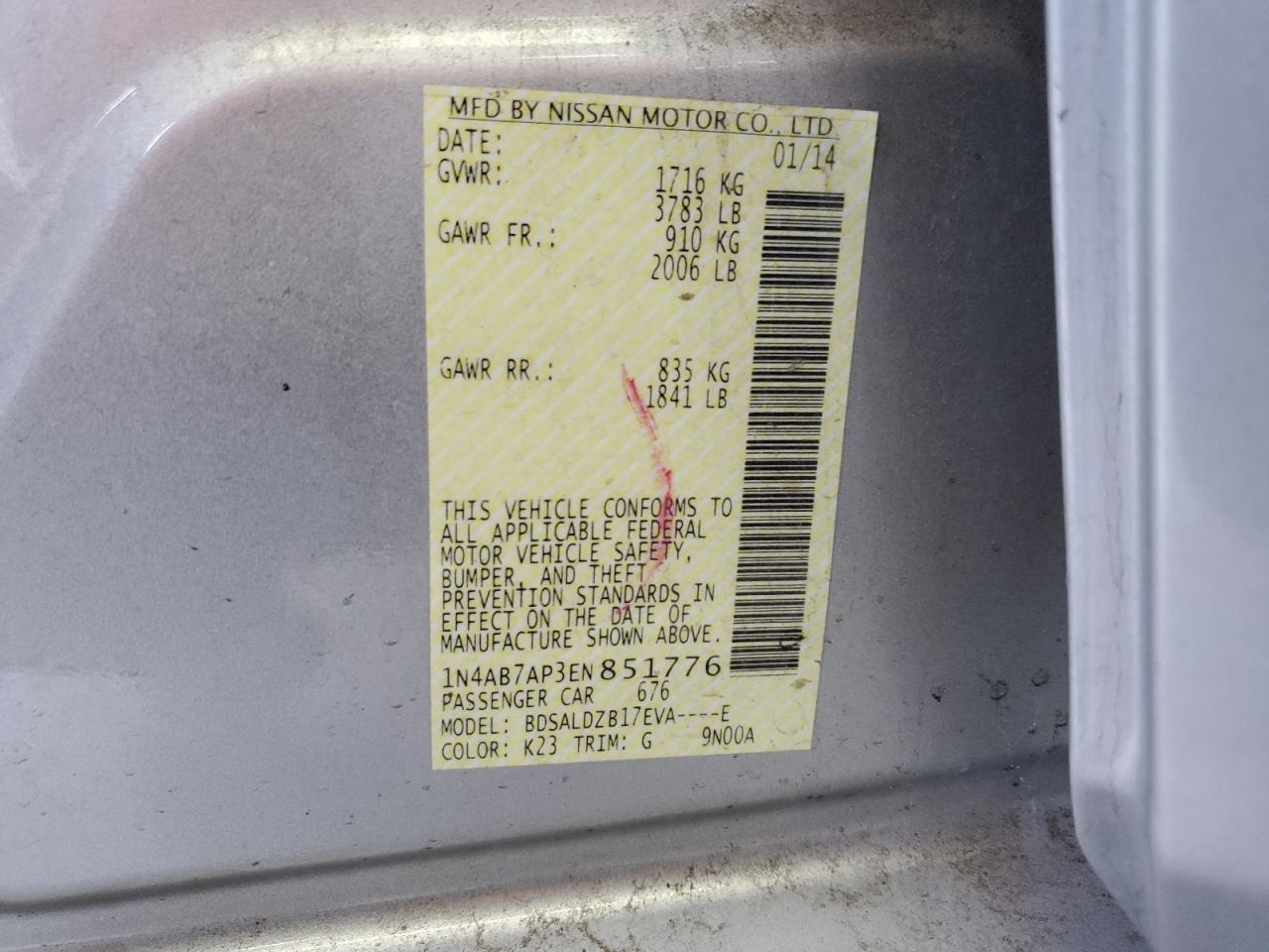 2014 Nissan Sentra S VIN: 1N4AB7AP3EN851776 Lot: 62341345