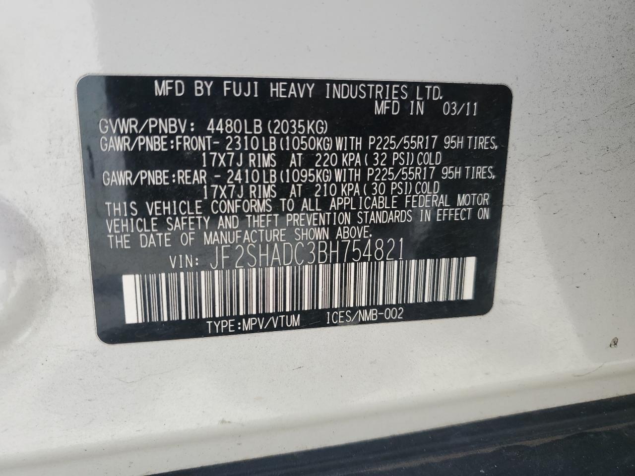 2011 Subaru Forester 2.5X Premium VIN: JF2SHADC3BH754821 Lot: 60682155