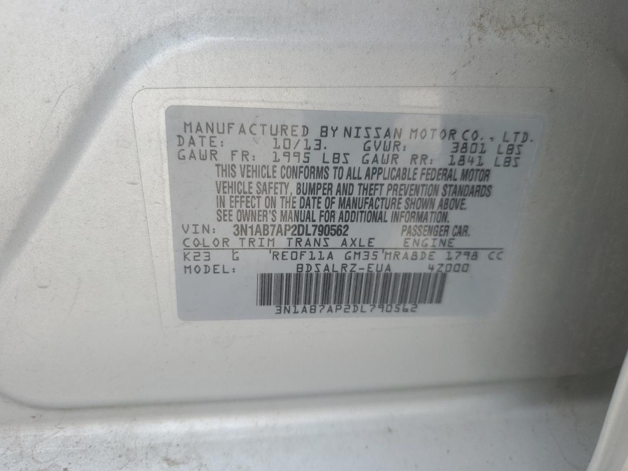 NISSAN SENTRA 2013 VIN 3N1AB7AP2DL790562 zdjęcie 12