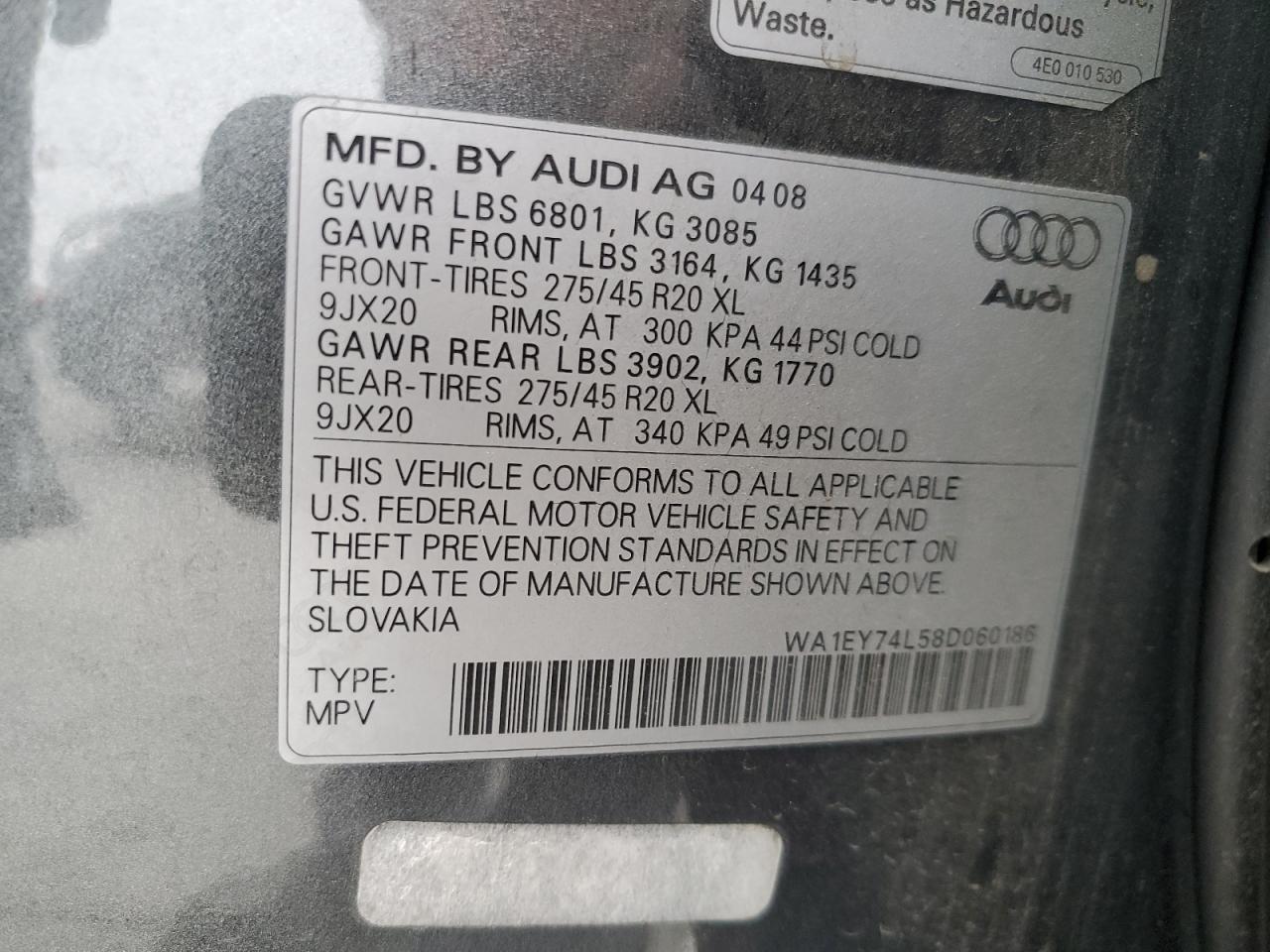 2008 Audi Q7 3.6 Quattro Premium S-Line VIN: WA1EY74L58D060186 Lot: 59813095