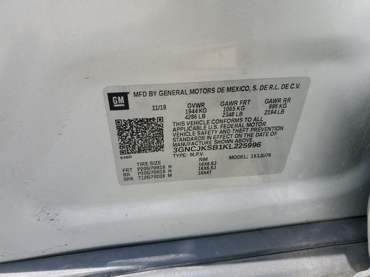 2019 Chevrolet Trax Ls VIN: 3GNCJKSB1KL225996 Lot: 62390655