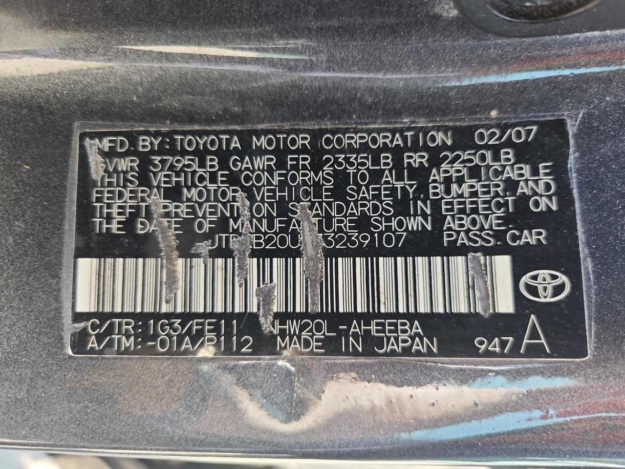 2007 Toyota Prius VIN: JTDKB20U273239107 Lot: 61330315