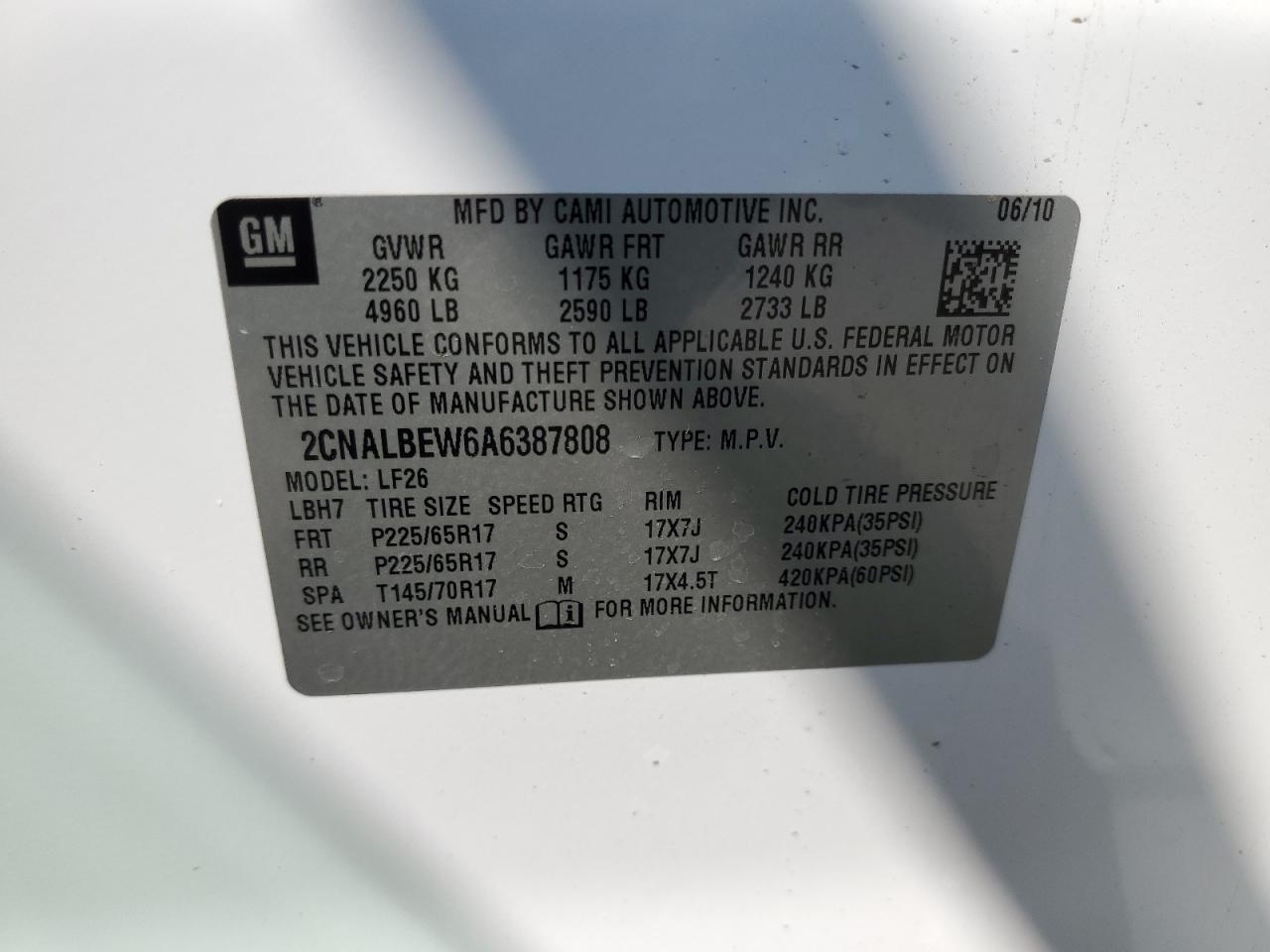 CHEVROLET EQUINOX 2010 VIN 2CNALBEW6A6387808 фото 13