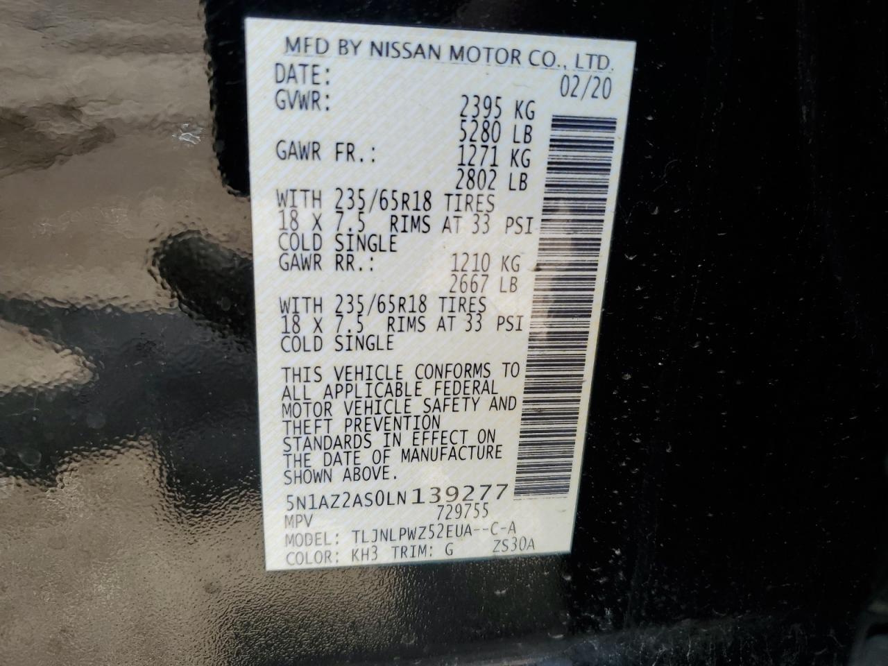 2020 Nissan Murano S VIN: 5N1AZ2AS0LN139277 Lot: 61448585