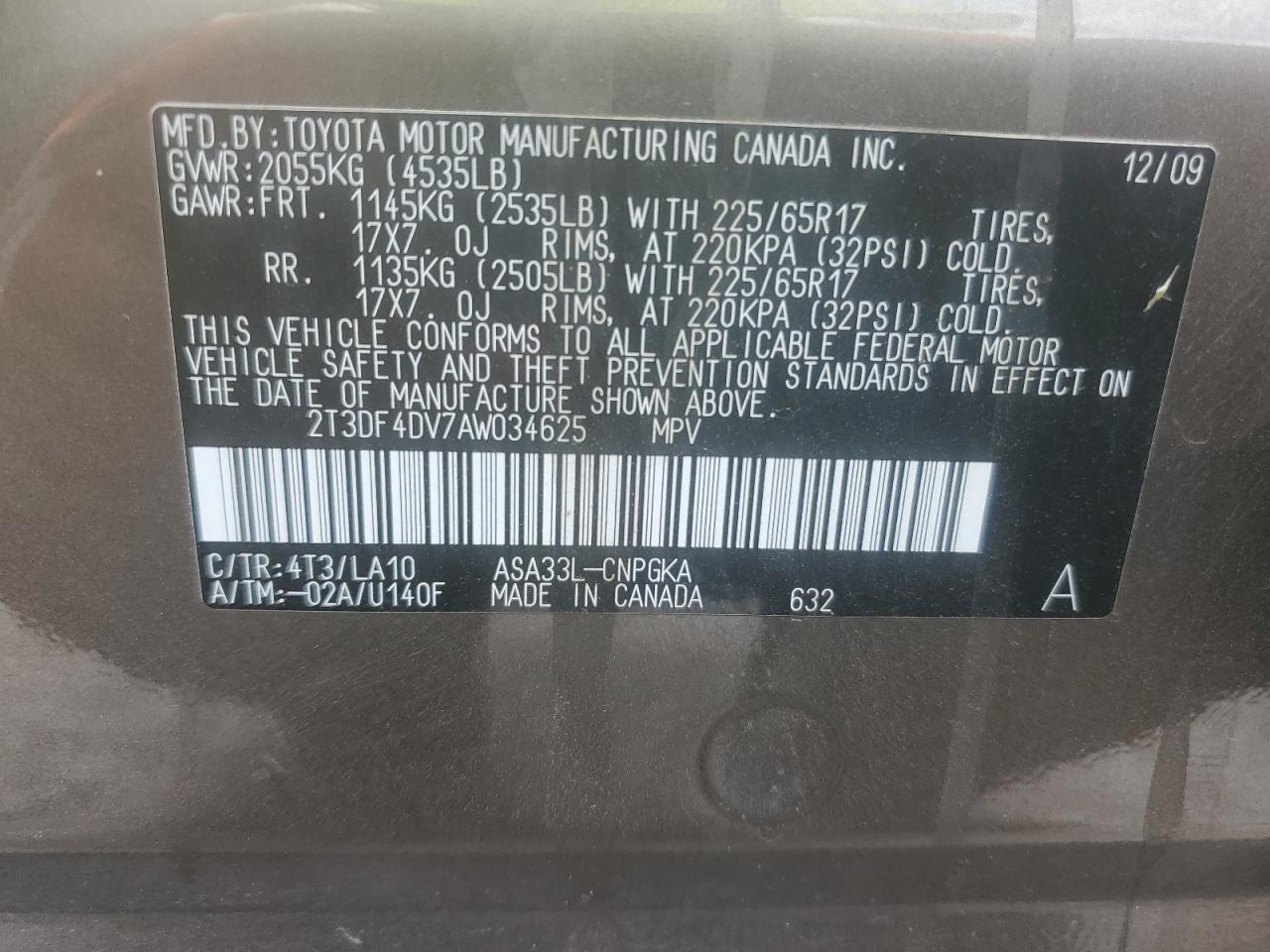 2010 Toyota Rav4 Limited VIN: 2T3DF4DV7AW034625 Lot: 61992075