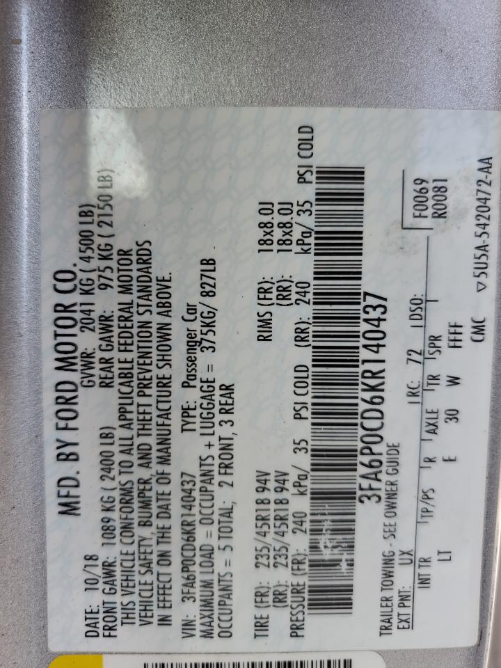 FORD FUSION 2019 VIN 3FA6P0CD6KR140437 zdjęcie 13