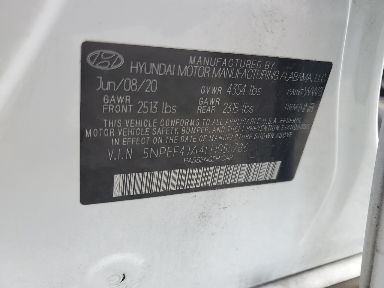 2020 Hyundai Sonata Sel VIN: 5NPEF4JA4LH055786 Lot: 62844985