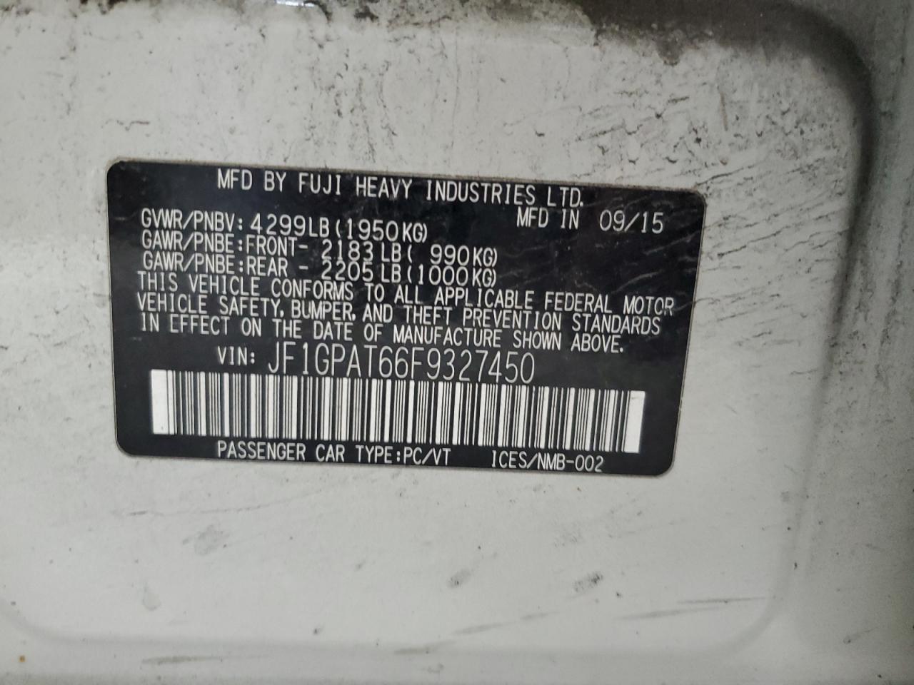 2015 Subaru Impreza Sport VIN: JF1GPAT66F9327450 Lot: 62324885