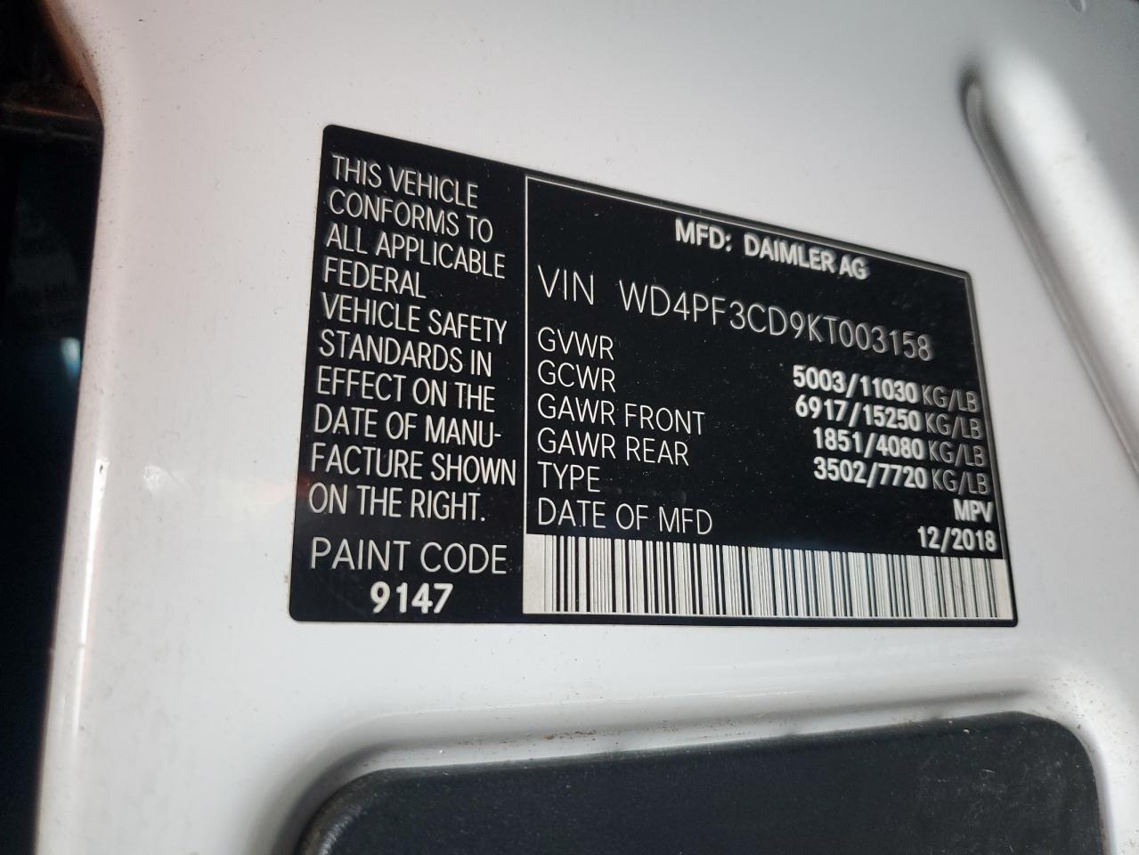 2019 Mercedes-Benz Sprinter 3500/4500 VIN: WD4PF3CD9KT003158 Lot: 62472575