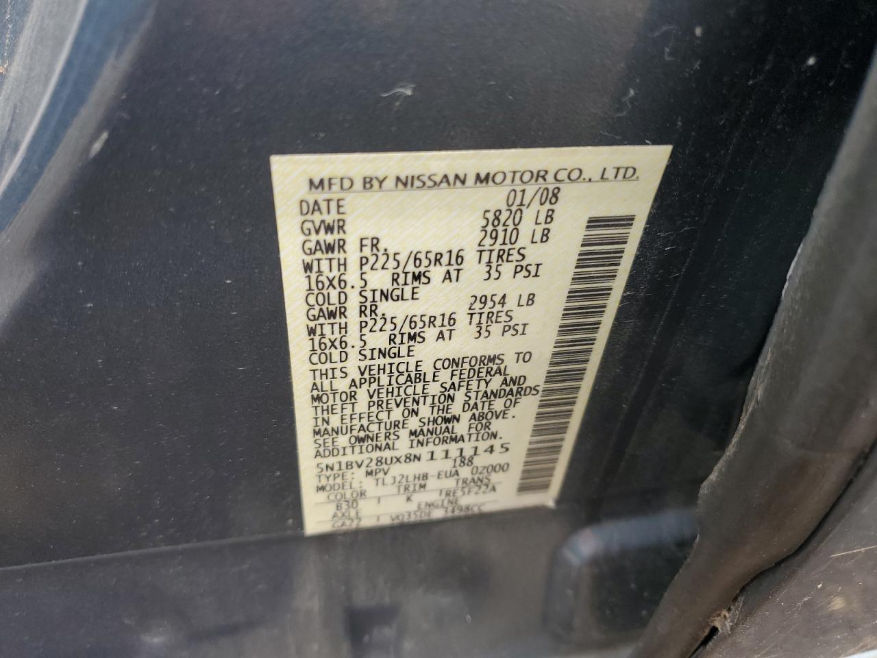 2008 Nissan Quest S VIN: 5N1BV28UX8N111145 Lot: 62165245