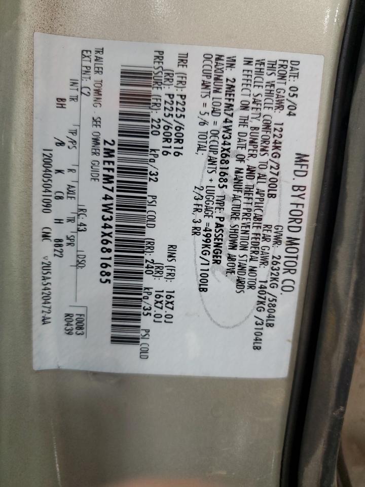 2004 Mercury Grand Marquis Gs VIN: 2MEFM74W34X681685 Lot: 62662015