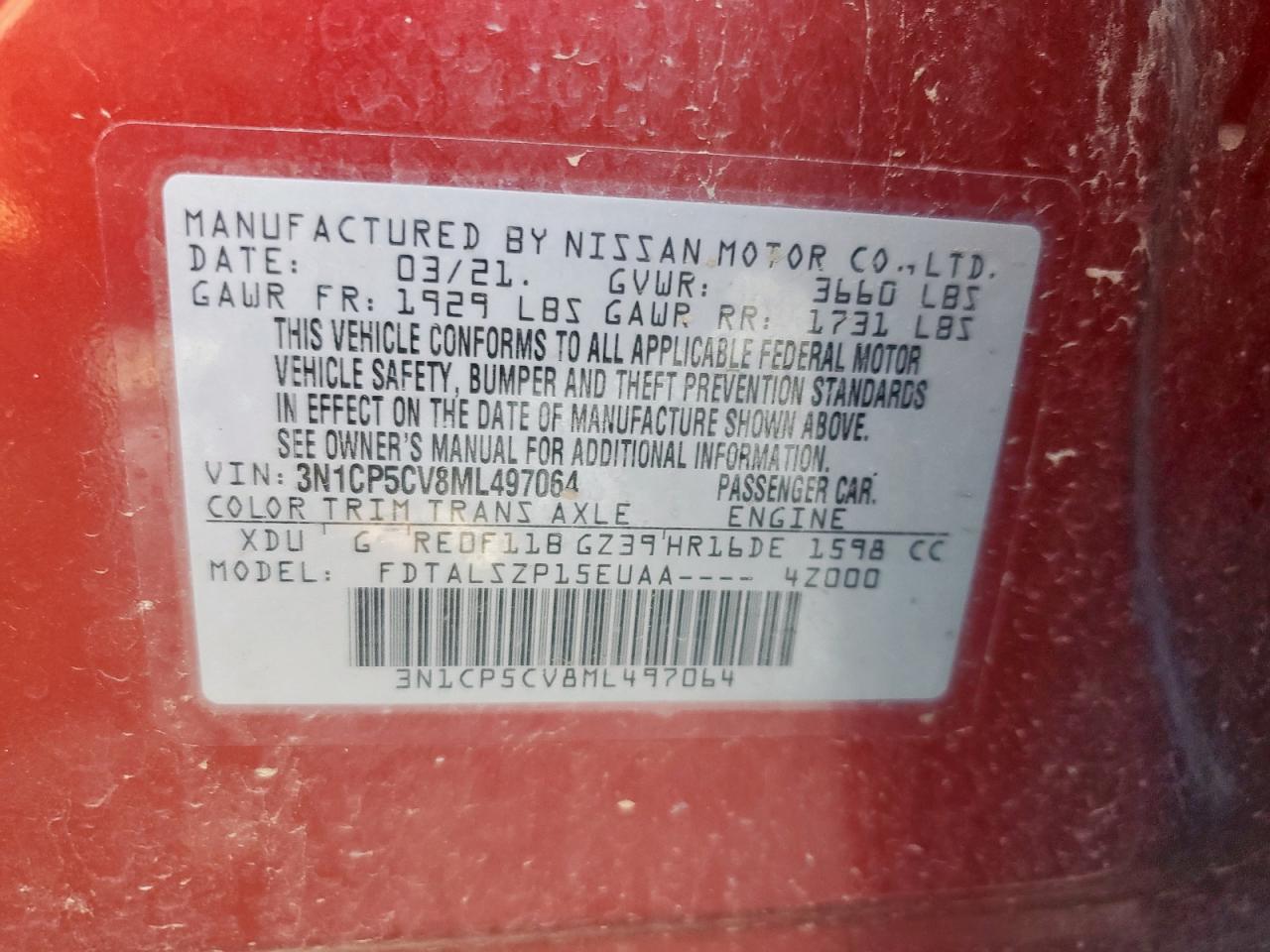 2021 Nissan Kicks Sv VIN: 3N1CP5CV8ML497064 Lot: 62776625