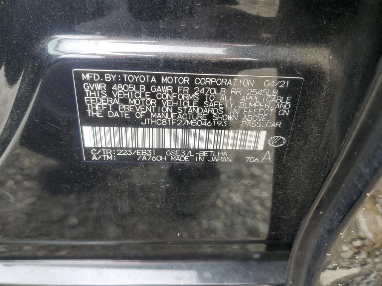 2021 Lexus Is 300 VIN: JTHC81F27M5046193 Lot: 59846805