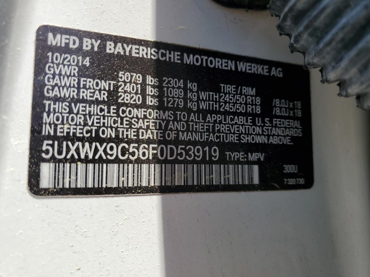 2015 BMW X3 xDrive28I VIN: 5UXWX9C56F0D53919 Lot: 61853185