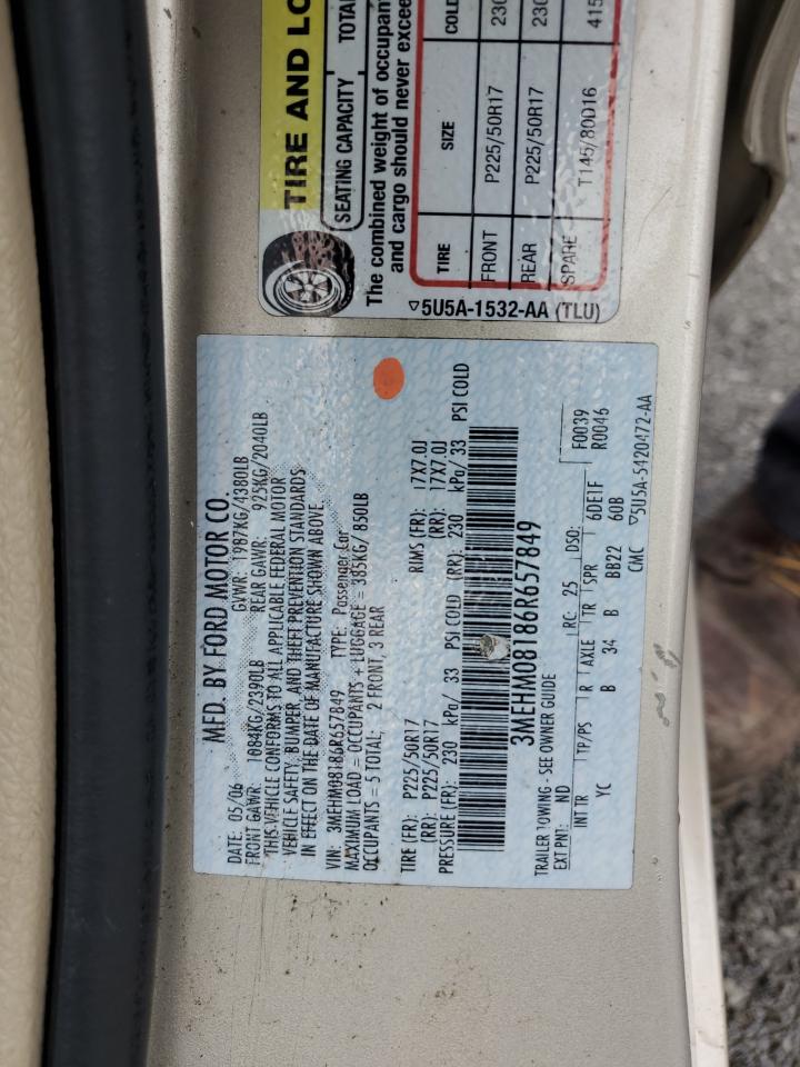 2006 Mercury Milan Premier VIN: 3MEHM08186R657849 Lot: 59658195