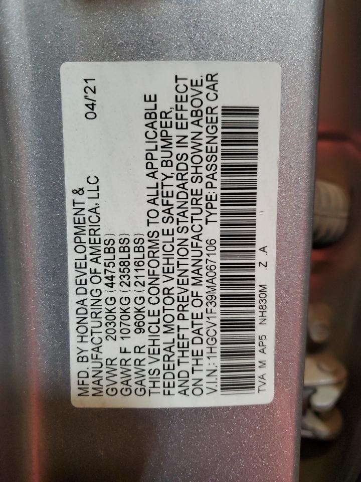 2021 Honda Accord Sport VIN: 1HGCV1F39MA067106 Lot: 61347195